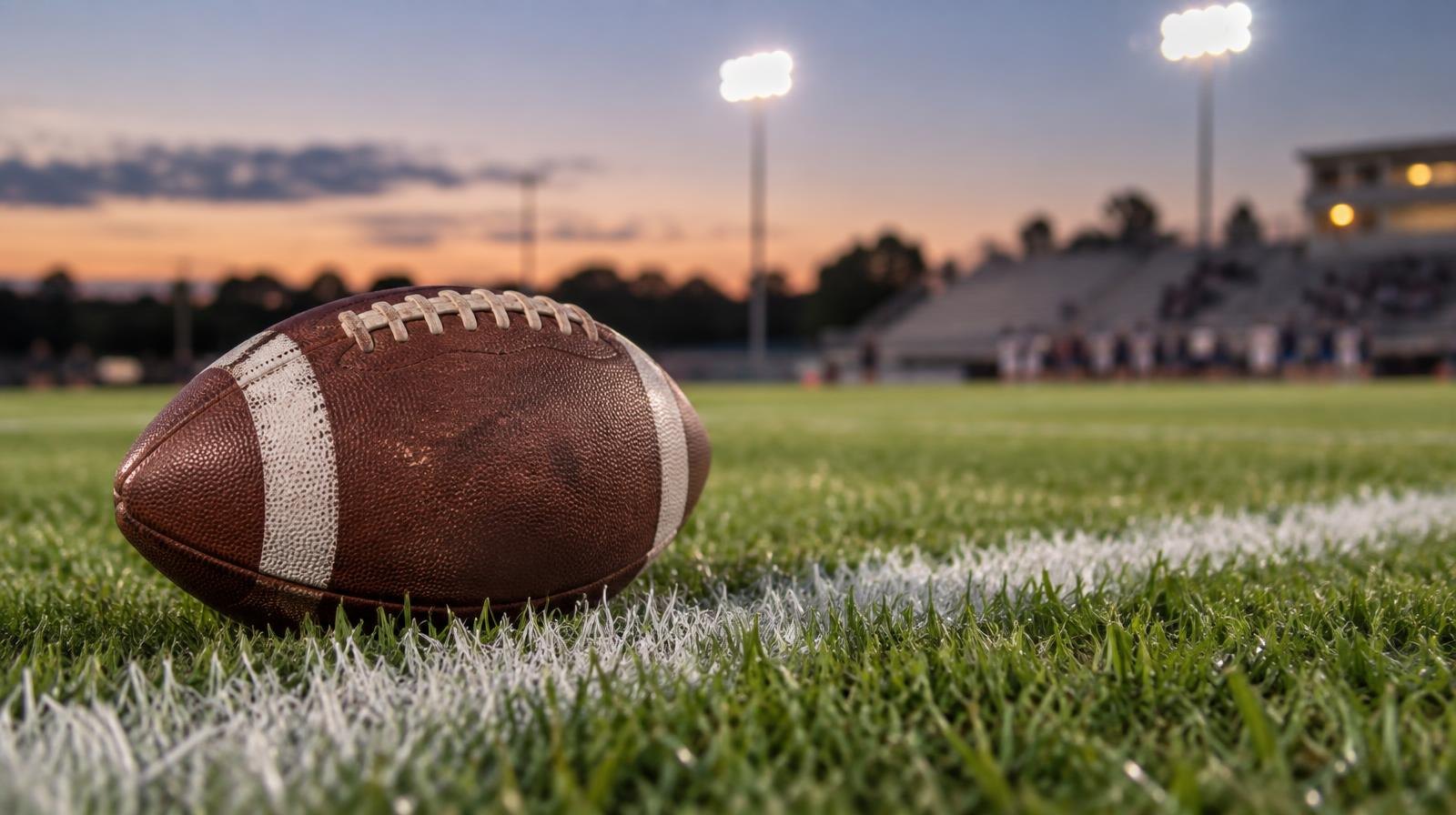 An American football resting on green grass beside a white painted yard line.