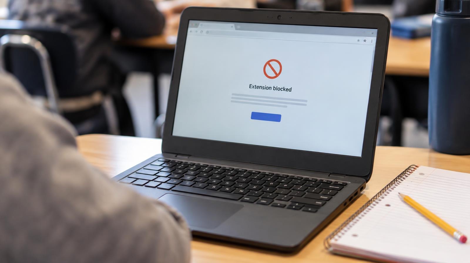 An open Chromebook laptop on a school desk beside a pencil and notebook.
