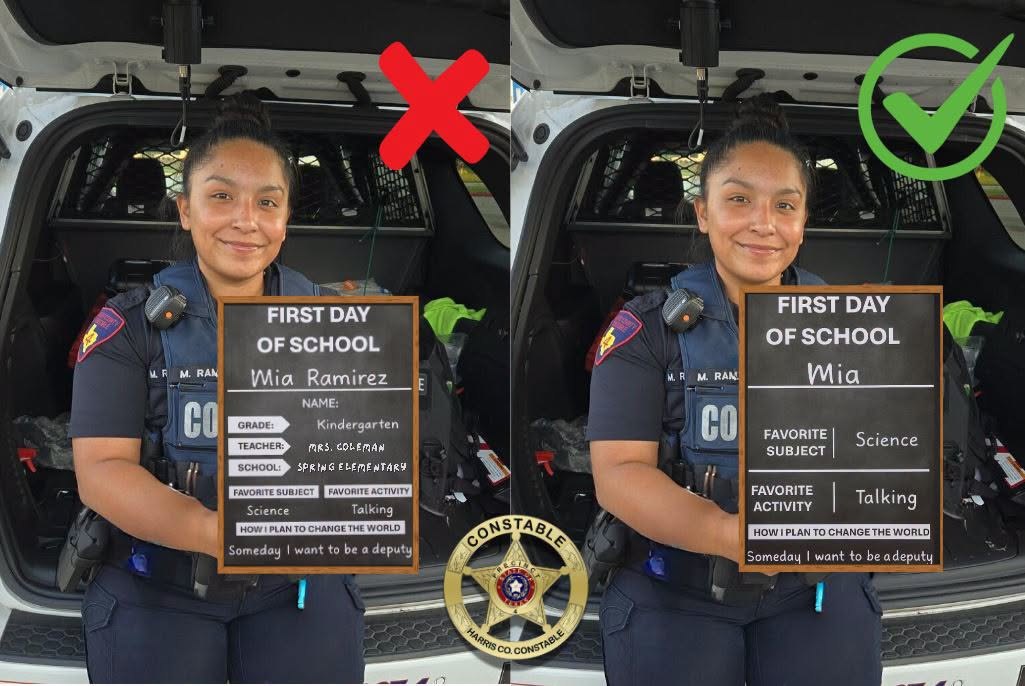 Split image showing a first-day-of-school photo with identifying details marked wrong versus a redacted version marked correct.