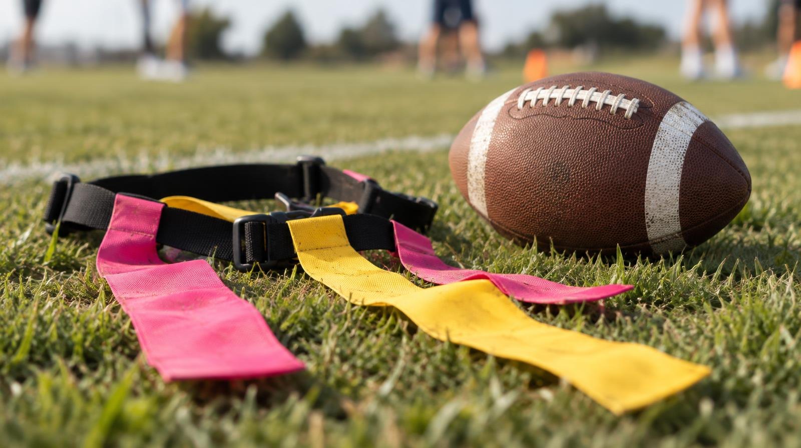 A flag football belt with colorful flags lying on green grass beside a football.