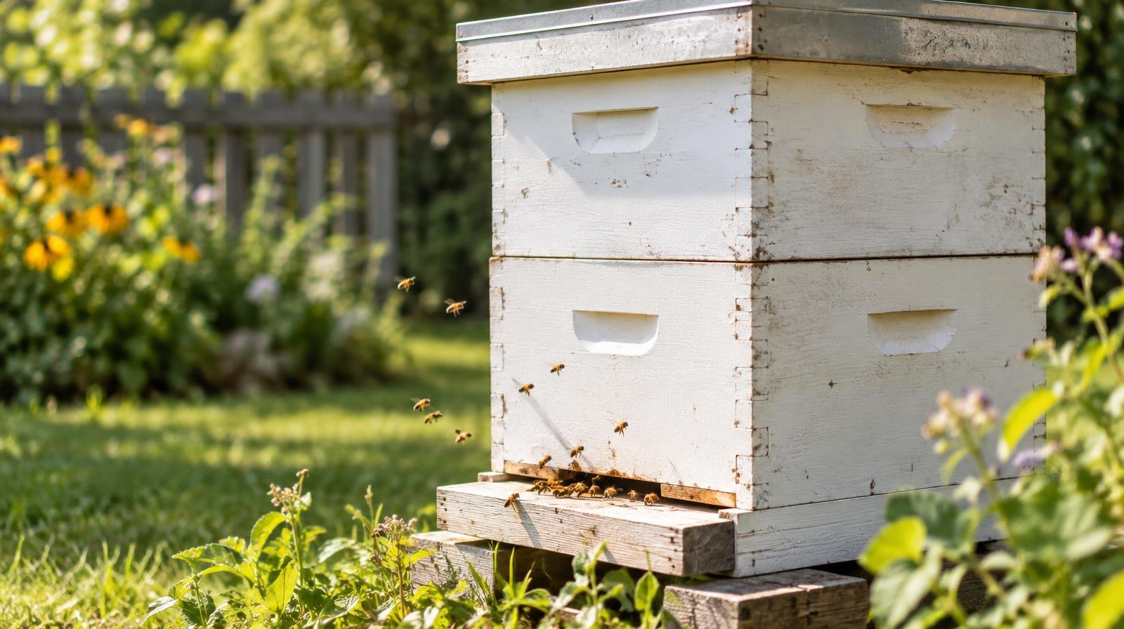 Two white wooden beehive boxes stacked outdoors with bees hovering nearby.