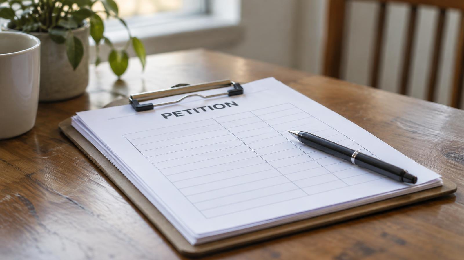 A clipboard with petition sheets and a pen resting on a wooden table.