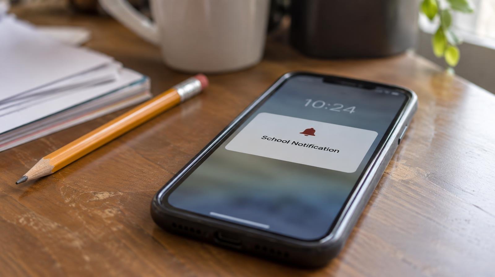 A smartphone resting on a wooden desk beside a pencil and papers.