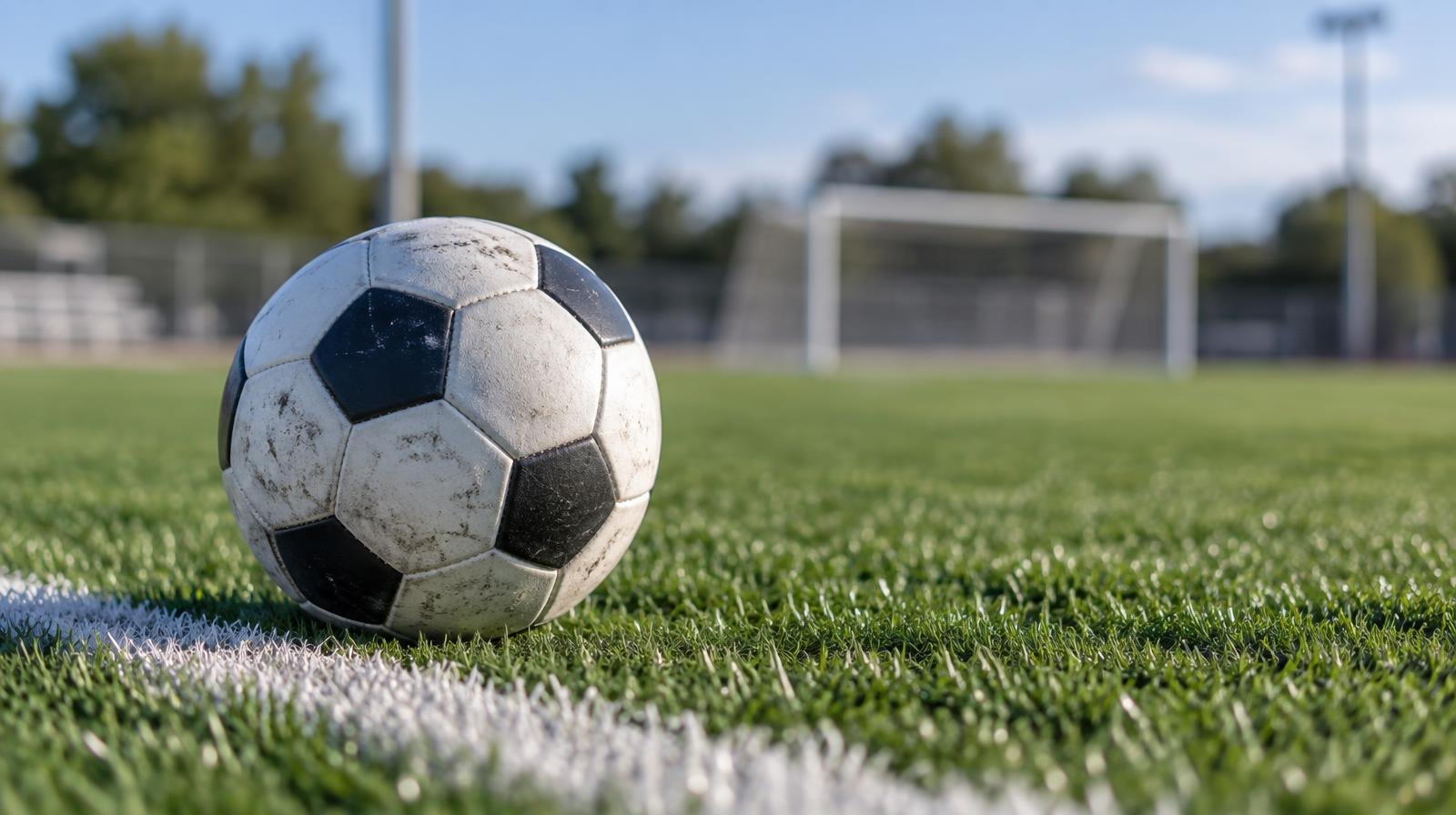 A black-and-white soccer ball resting on bright green artificial turf near a white sideline.
