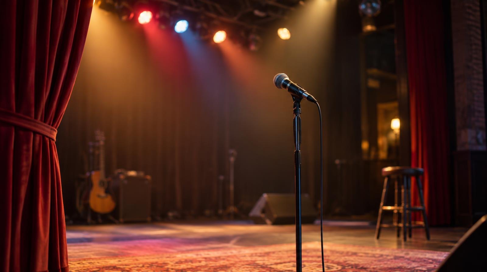 Empty theater stage lit by colorful spotlights with a microphone stand at center.