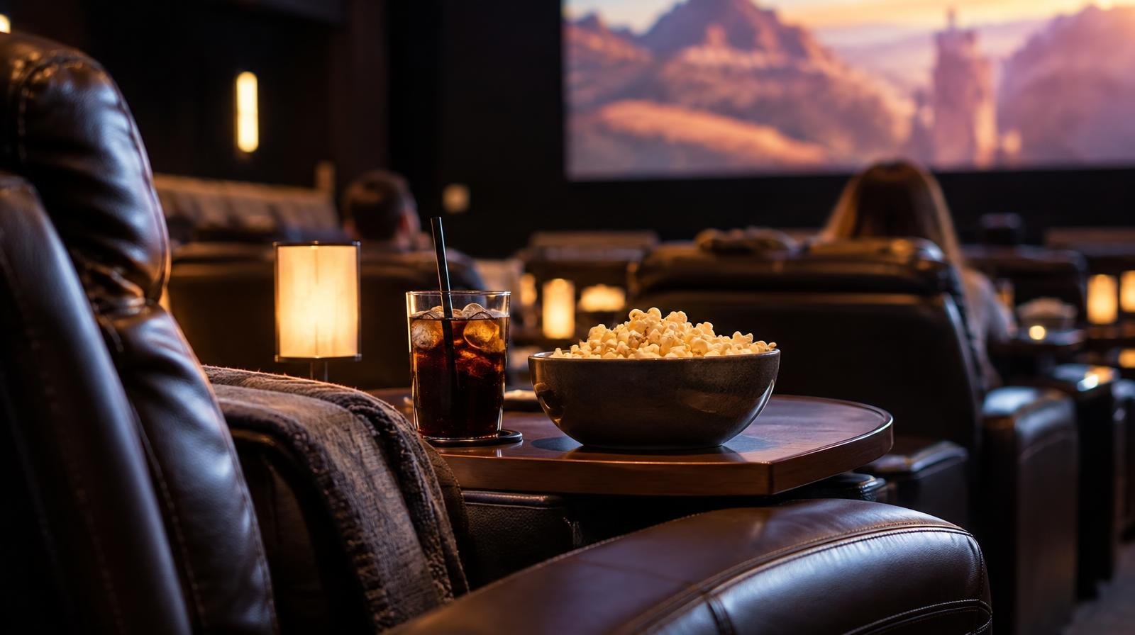 Recliner seats with side tables and popcorn glowing in cinema light.