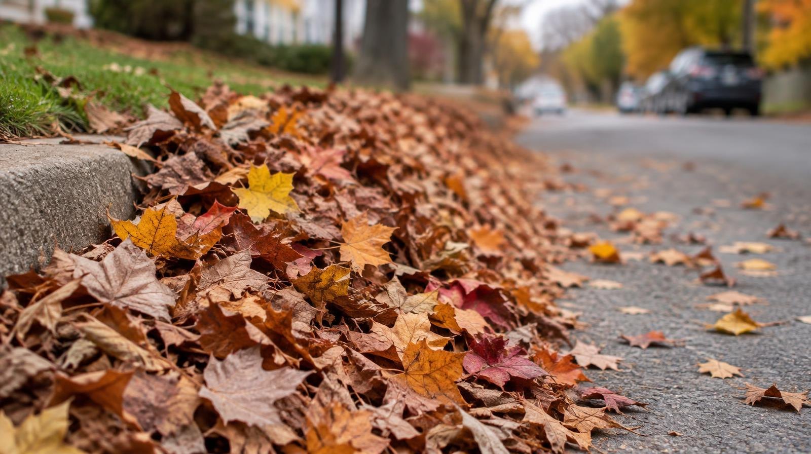 A large pile of colorful autumn leaves raked to the edge of a suburban street curb.