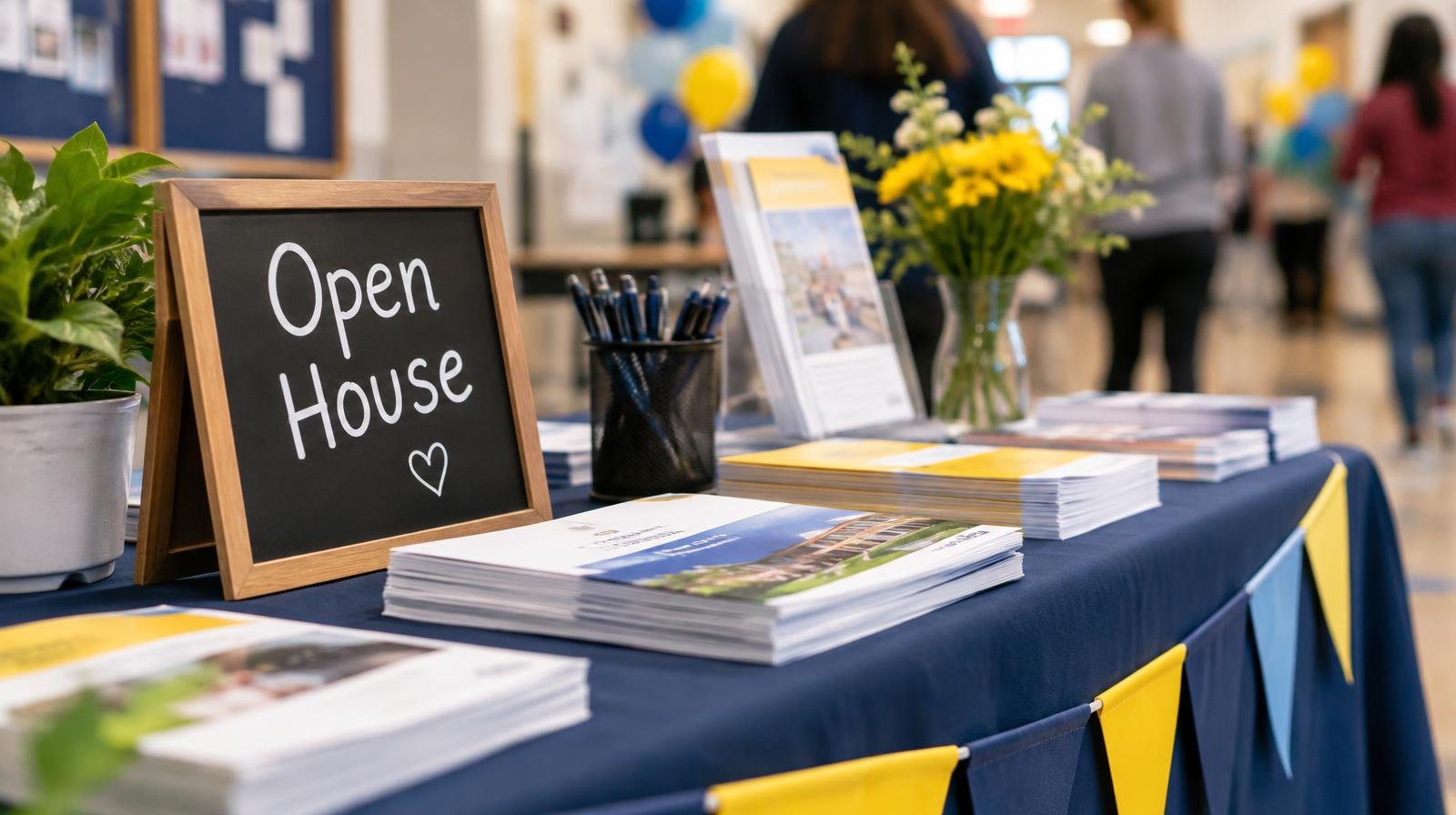 Colorful brochures and program folders arranged on a display table indoors.