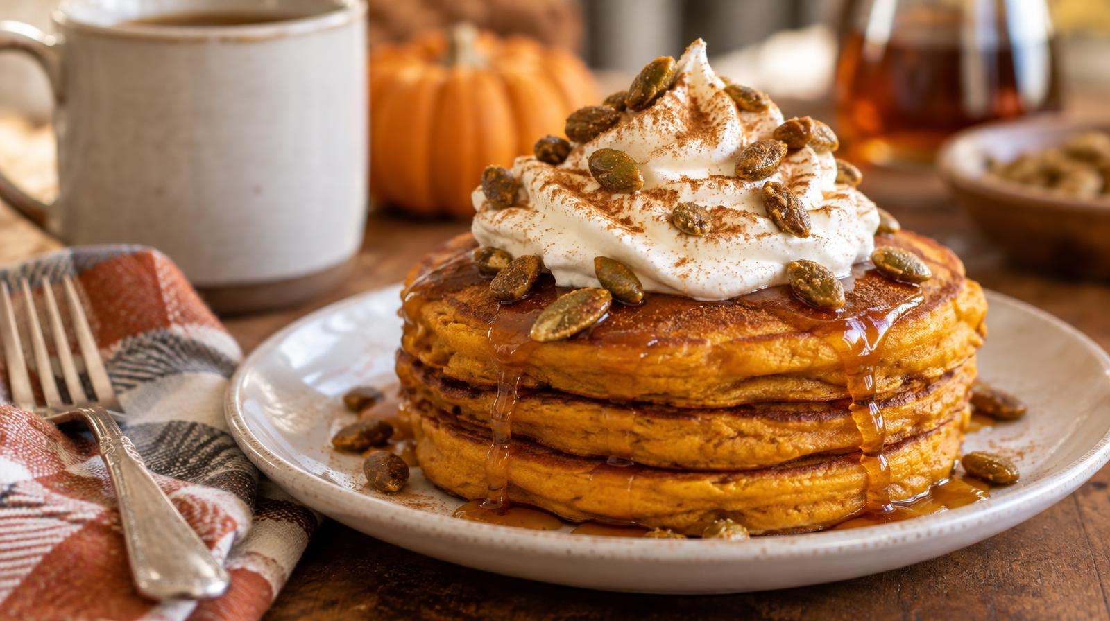 Stack of pumpkin pancakes with whipped cream and candied seeds on a white plate.