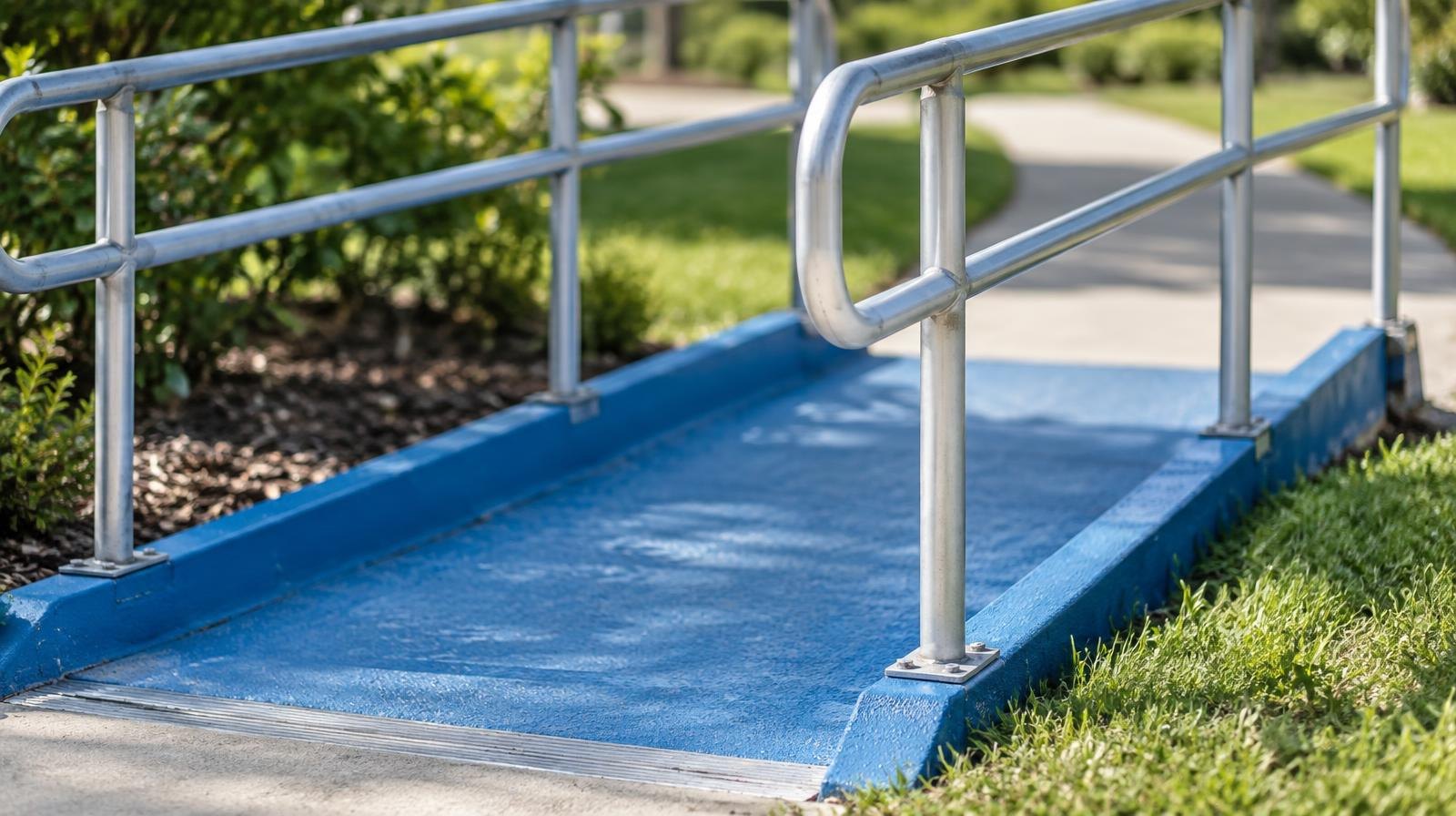 A blue wheelchair ramp with metal handrails leads to a sunny park pathway.