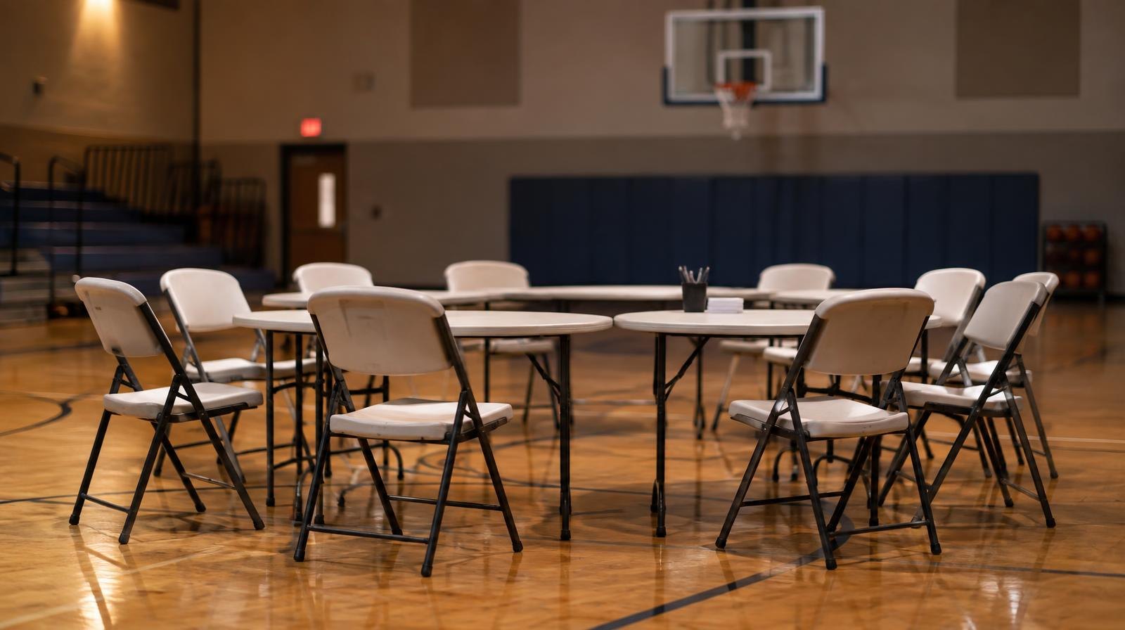 Empty folding chairs and tables in a circle on a gymnasium floor with a basketball hoop in the background.