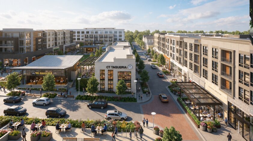 Architectural rendering of a pedestrian street lined with shops and multi-story apartment buildings.