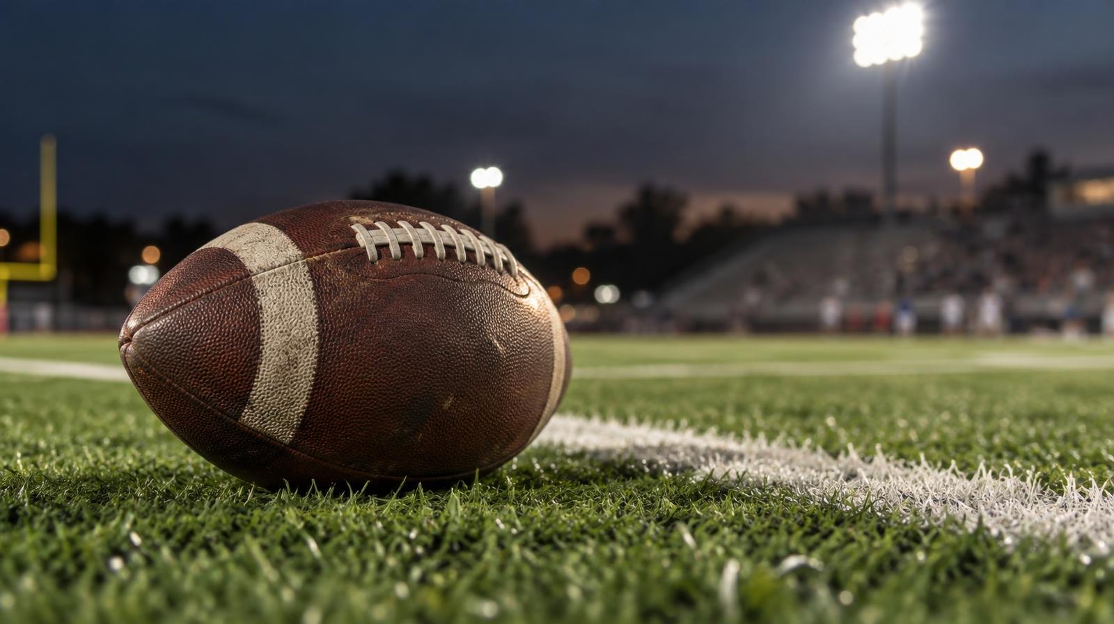An American football sitting on green artificial turf beside a white yard line under bright lights.