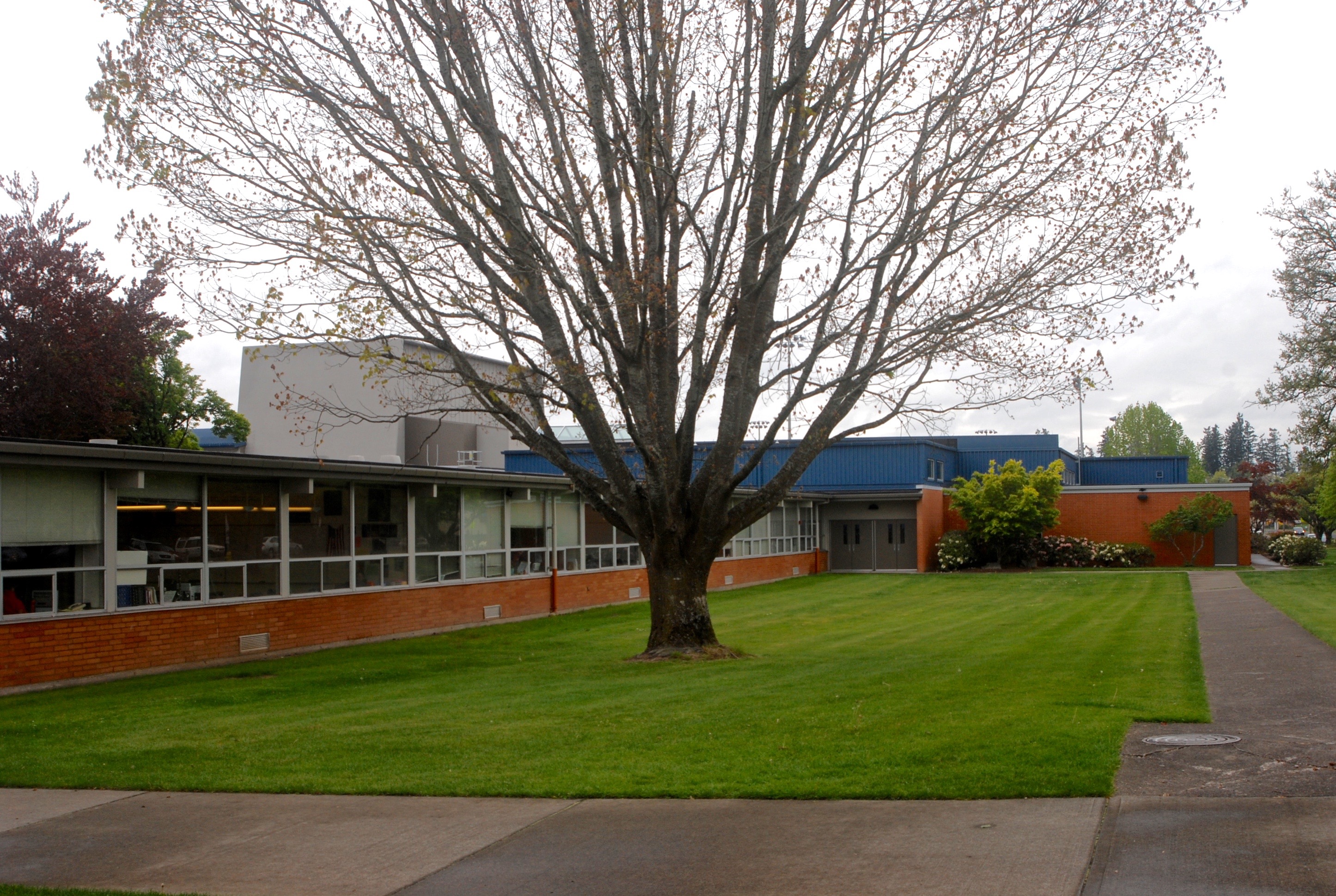 Exterior of a brick high school building with a blue-roofed addition and a large bare tree.