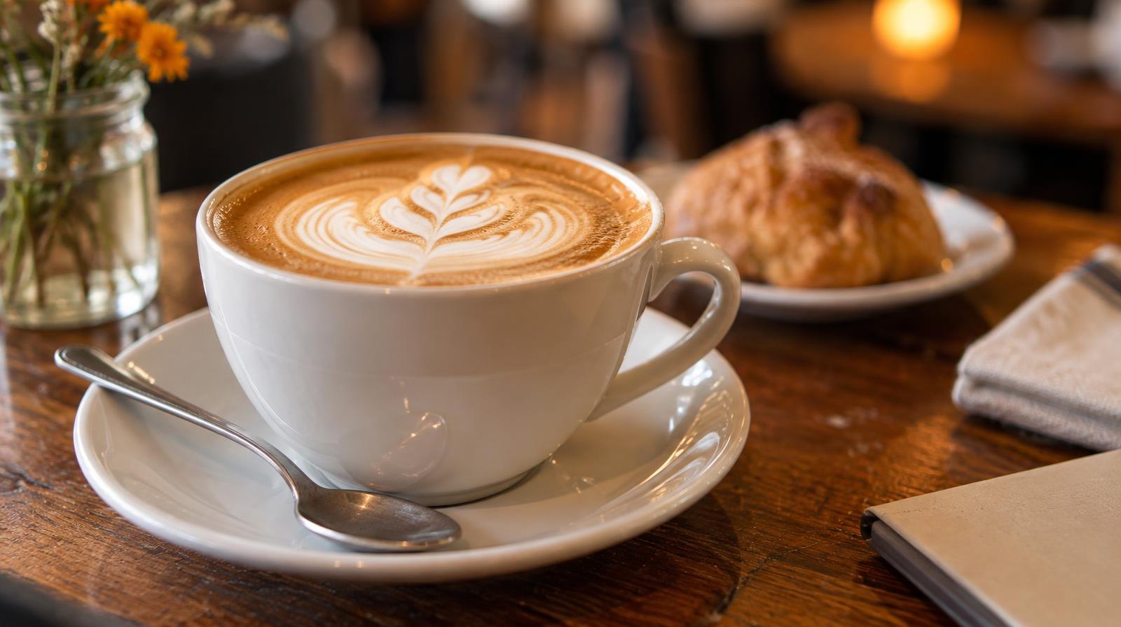 A ceramic cup of latte with latte art on a wooden table.