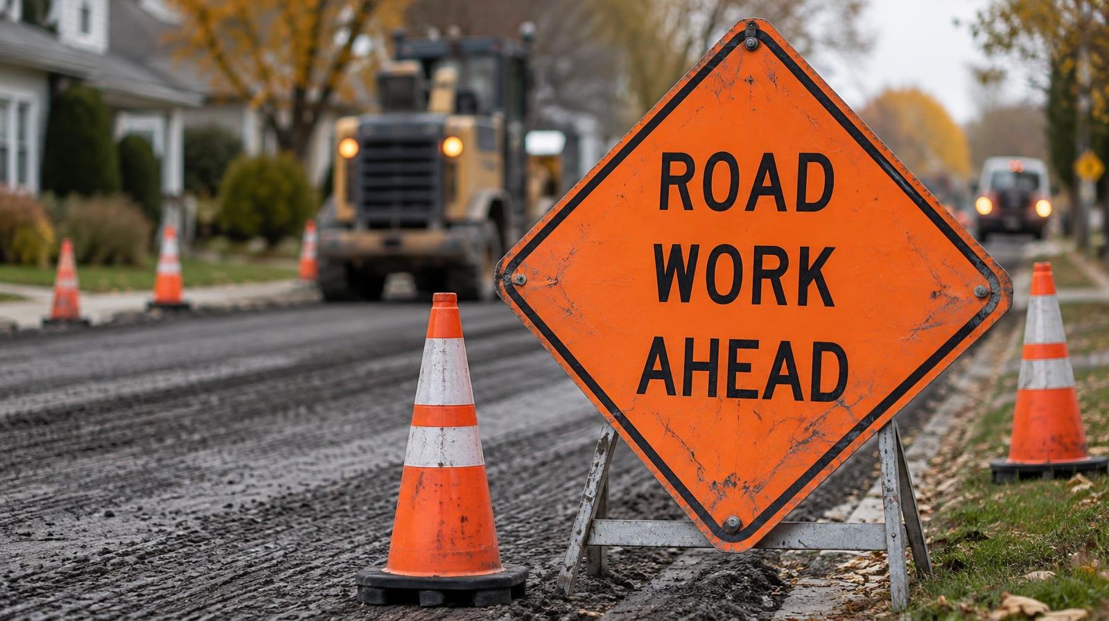 Orange road work sign and traffic cones beside a milled asphalt street surface.