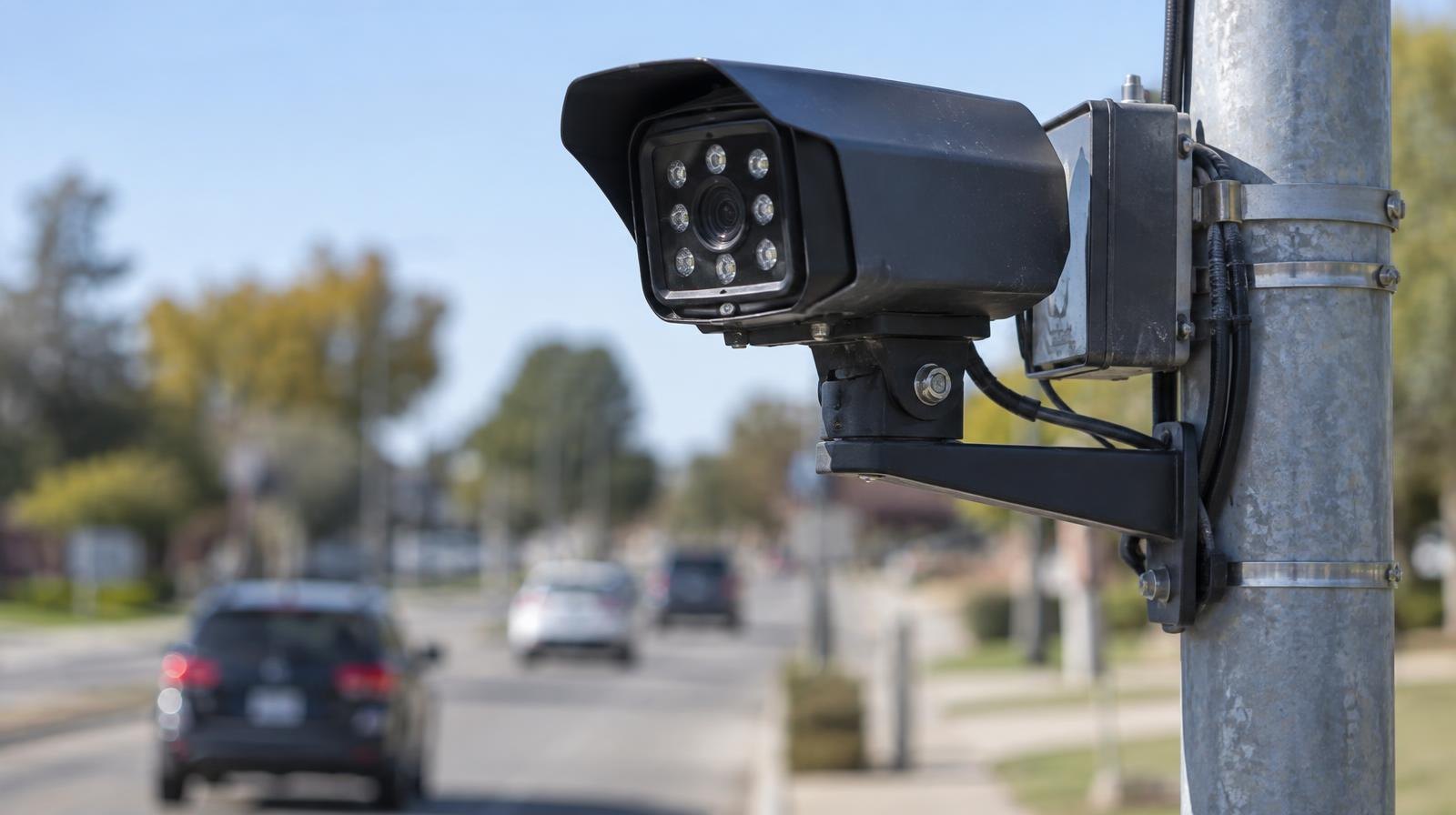 A license plate reader camera on a metal pole above a road.