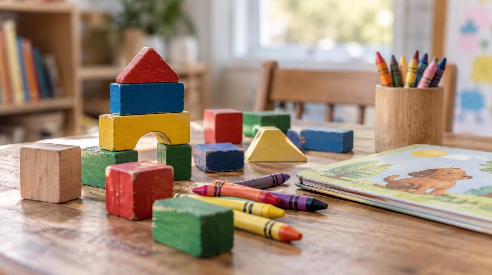 Colorful wooden blocks, crayons, and a small picture book on a wooden table.