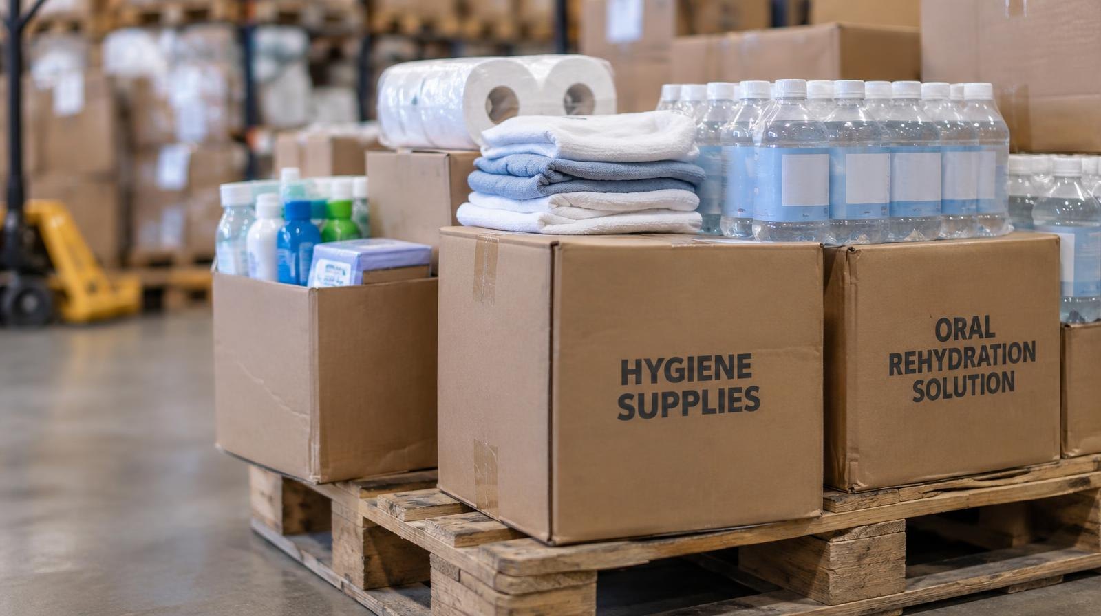 Cardboard boxes of hygiene supplies stacked on a pallet in a warehouse.