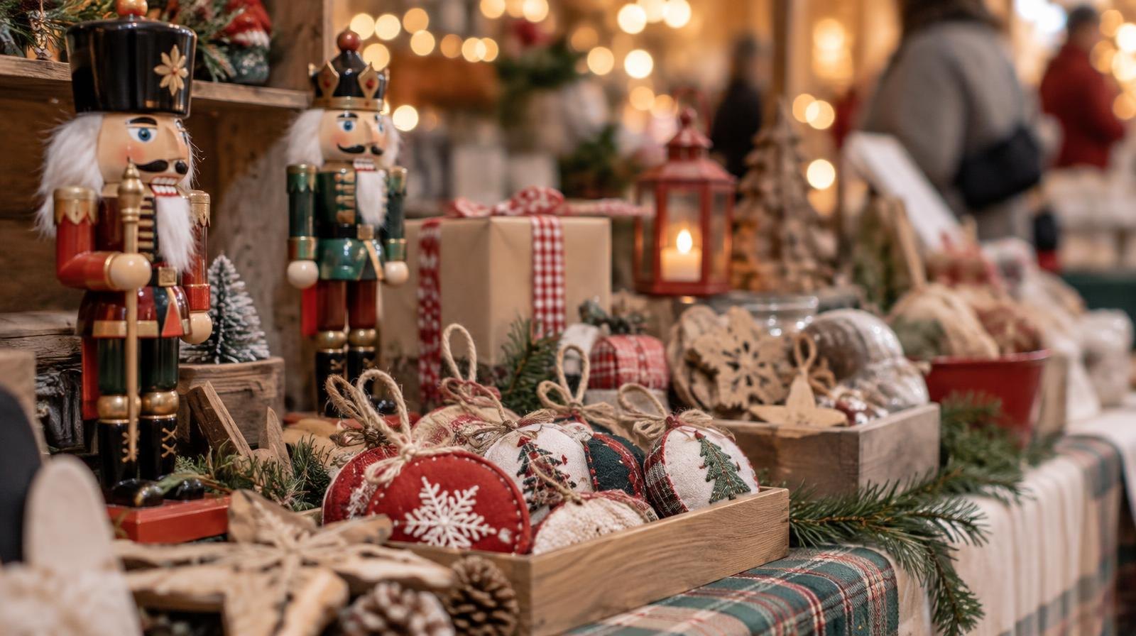 Holiday craft table with handmade ornaments, nutcracker figurines, and wrapped gifts under warm lighting.
