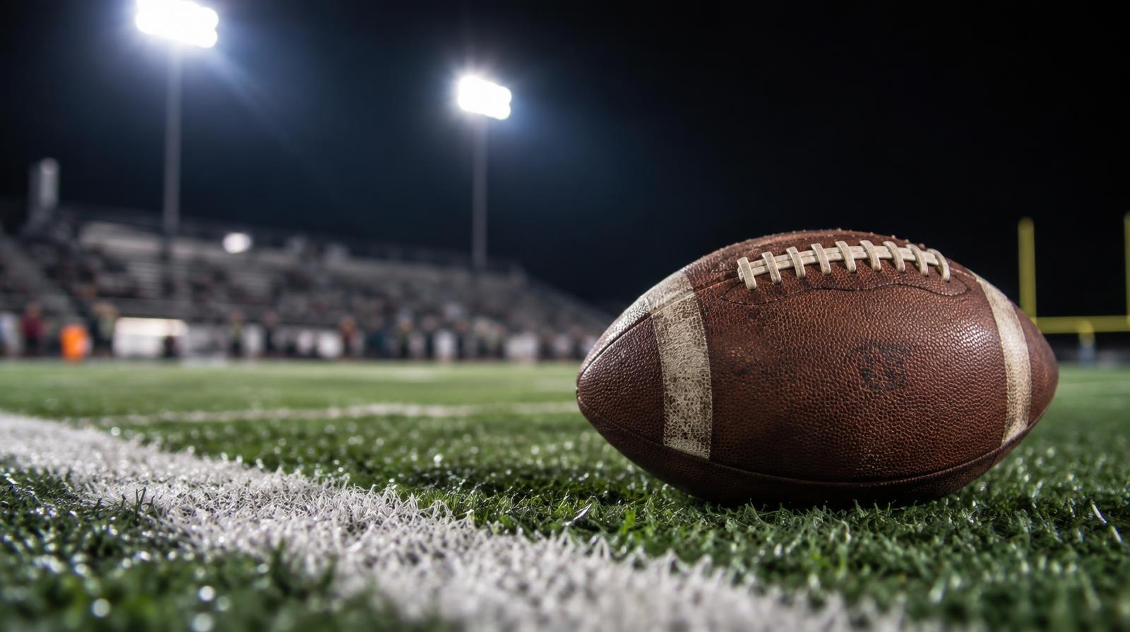 An American football on green turf beside a white yard line under bright stadium lights.
