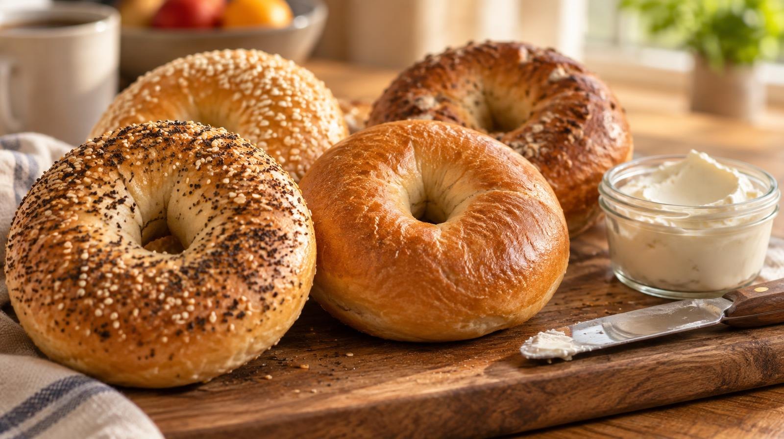 Several golden-brown bagels on a wooden board with a jar of cream cheese and a knife.