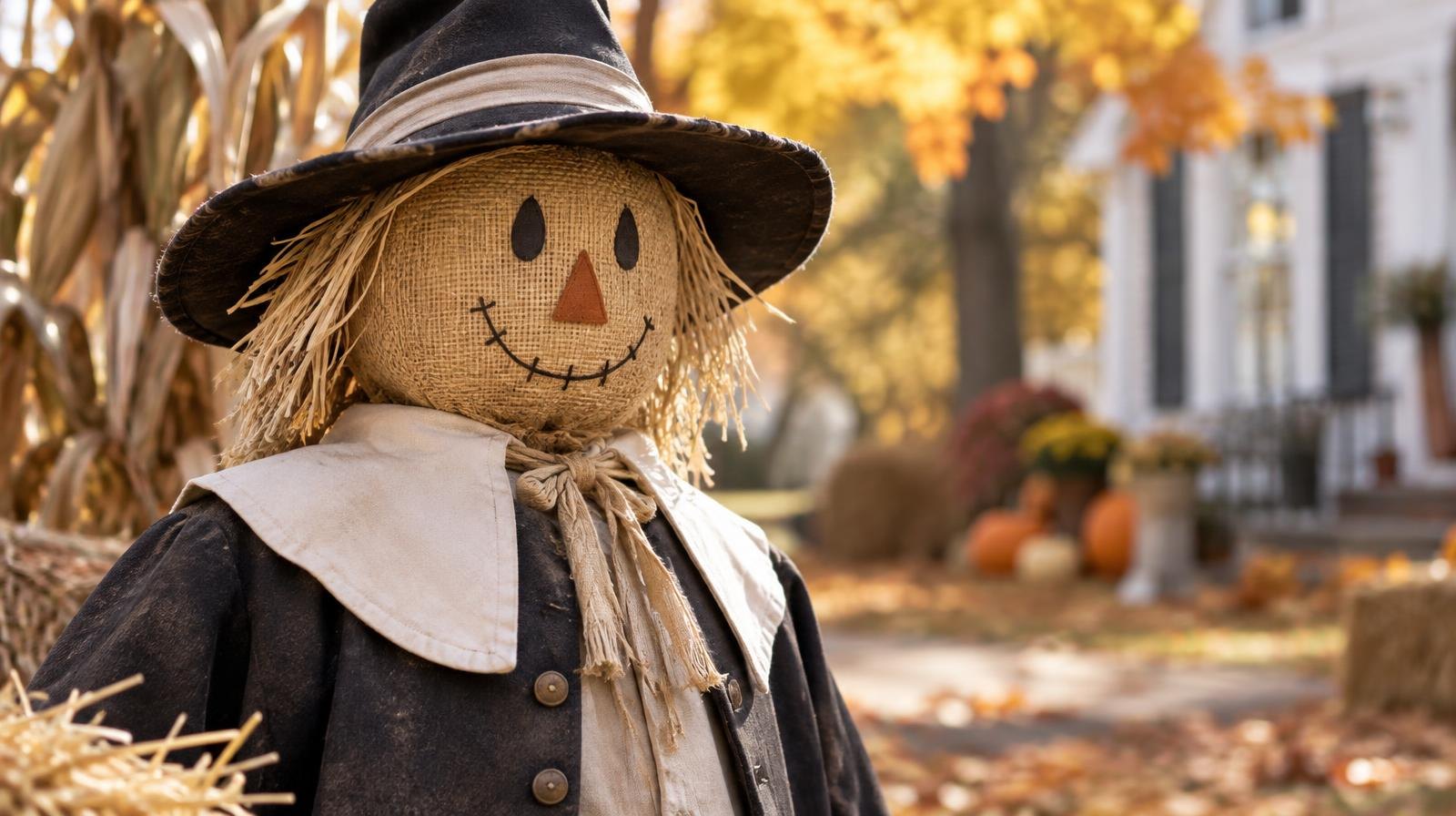 A decorative scarecrow in colonial-style clothing surrounded by autumn leaves.
