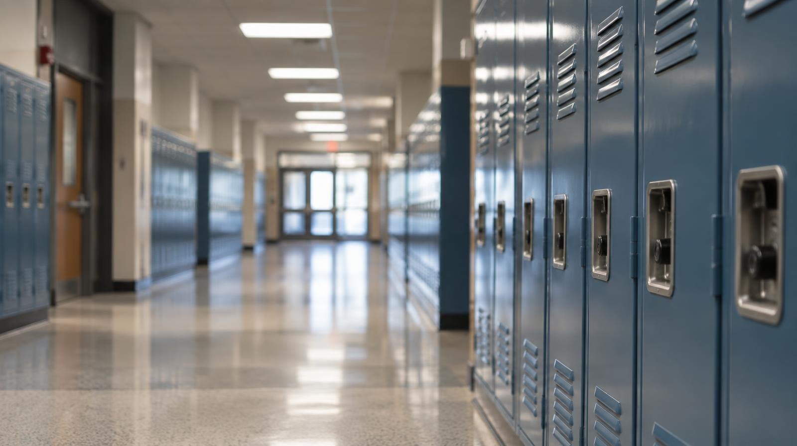 Empty school hallway lined with metal lockers under fluorescent lights.