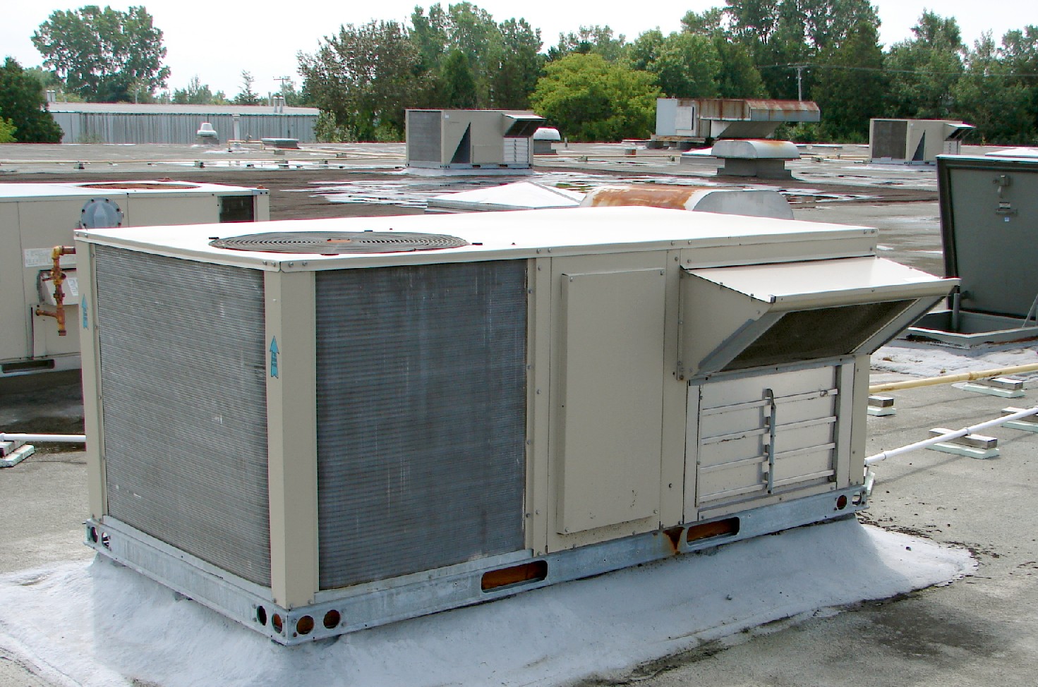 Several large beige rooftop HVAC packaged units on a flat commercial roof.