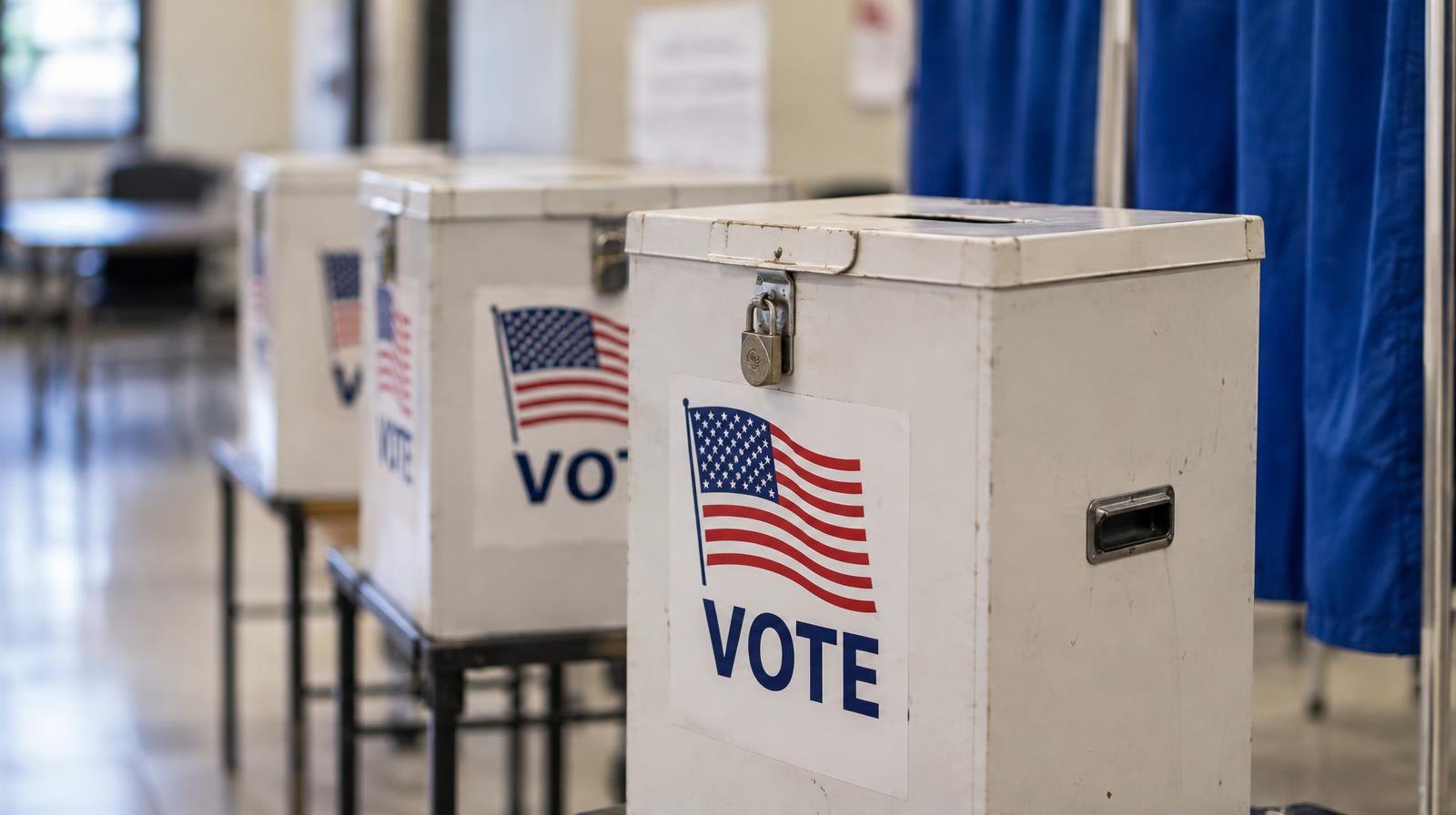 A row of ballot drop boxes and a voting booth curtain inside a polling place.