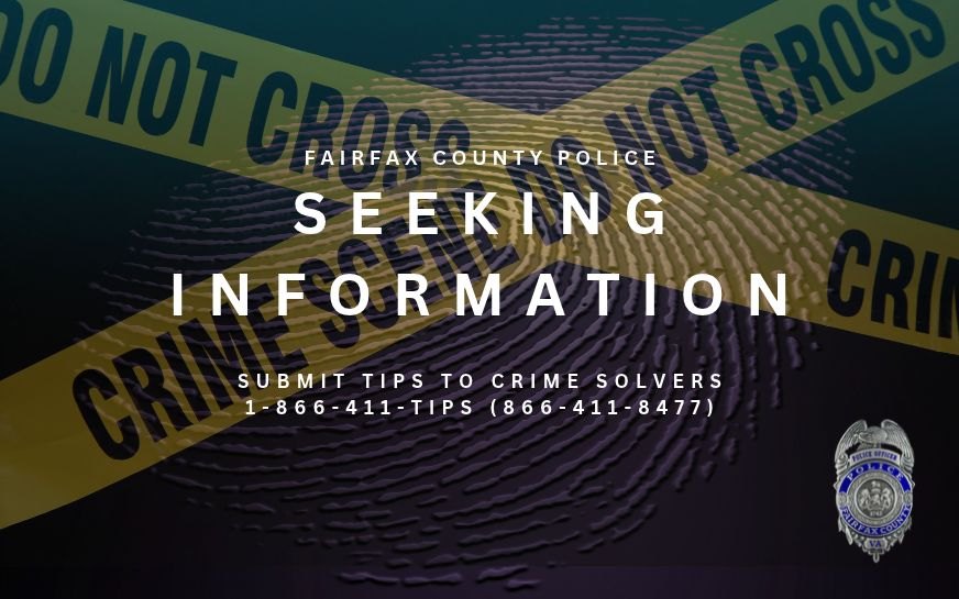 Dark graphic with crime scene tape and a fingerprint reading 'Seeking Information' with a police badge and tip-line number.