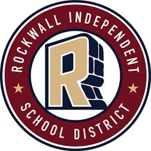 Circular seal of Rockwall Independent School District with stylized R in gold and navy.