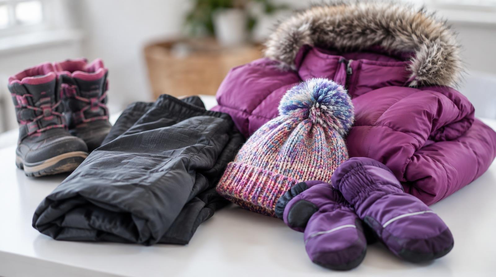 Colorful children's winter jacket, snow pants, hat, mittens, and boots arranged together.