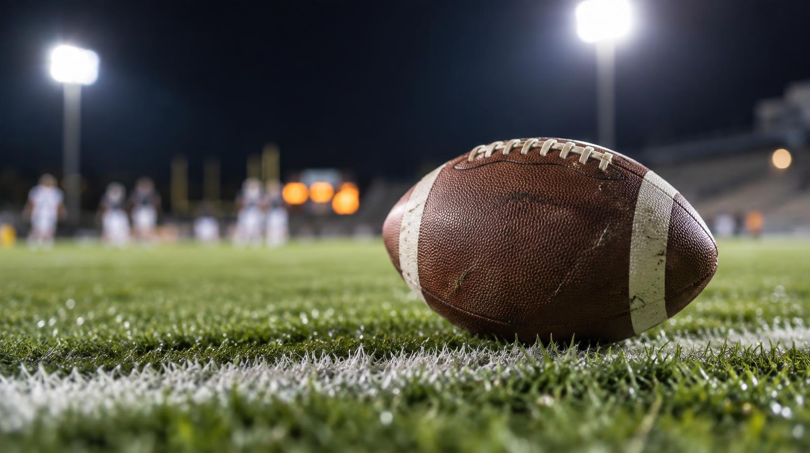 An American football on green grass near a white yard line under bright stadium lights at night.
