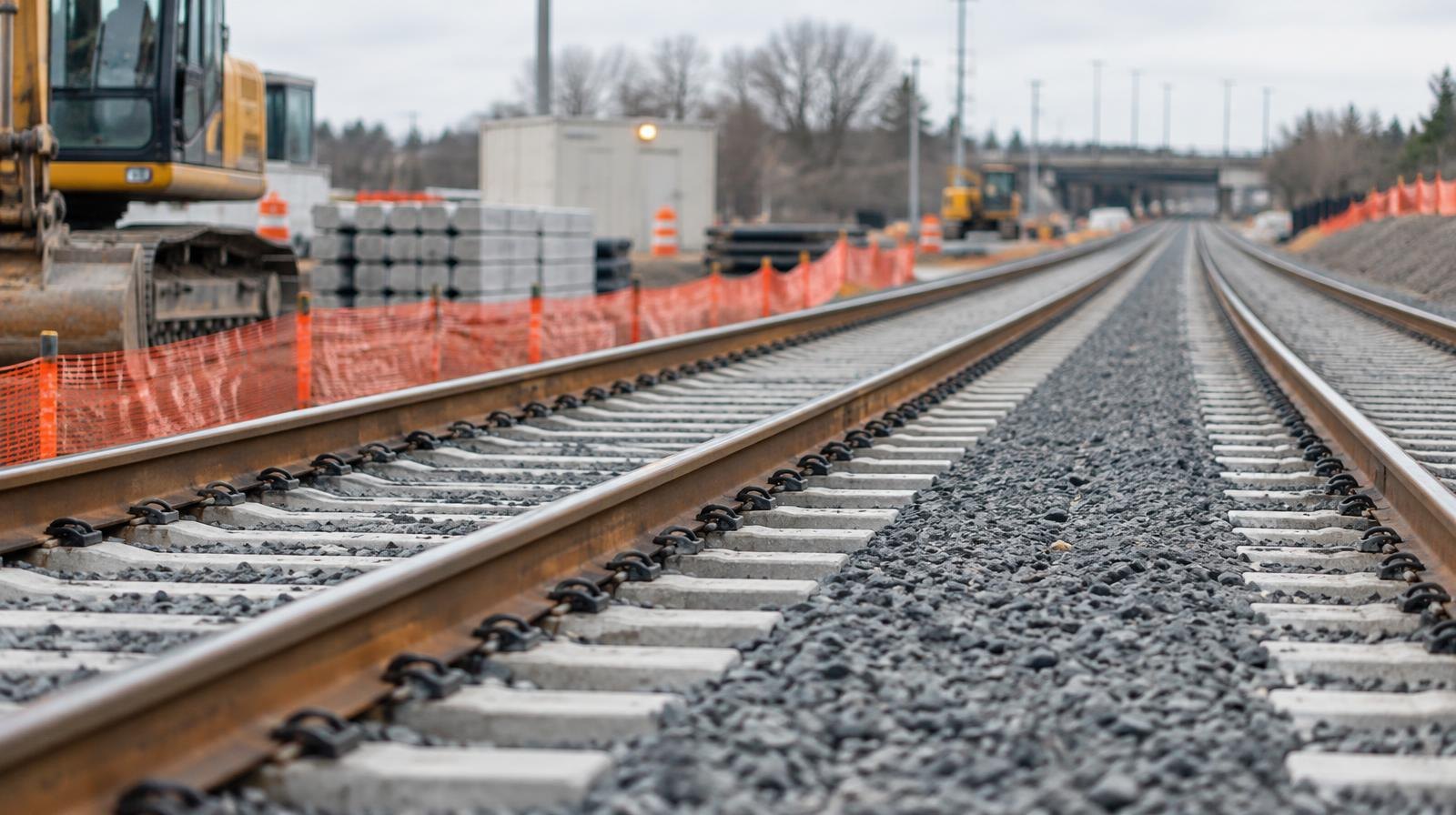 New rail tracks with ballast and orange construction fencing alongside them.