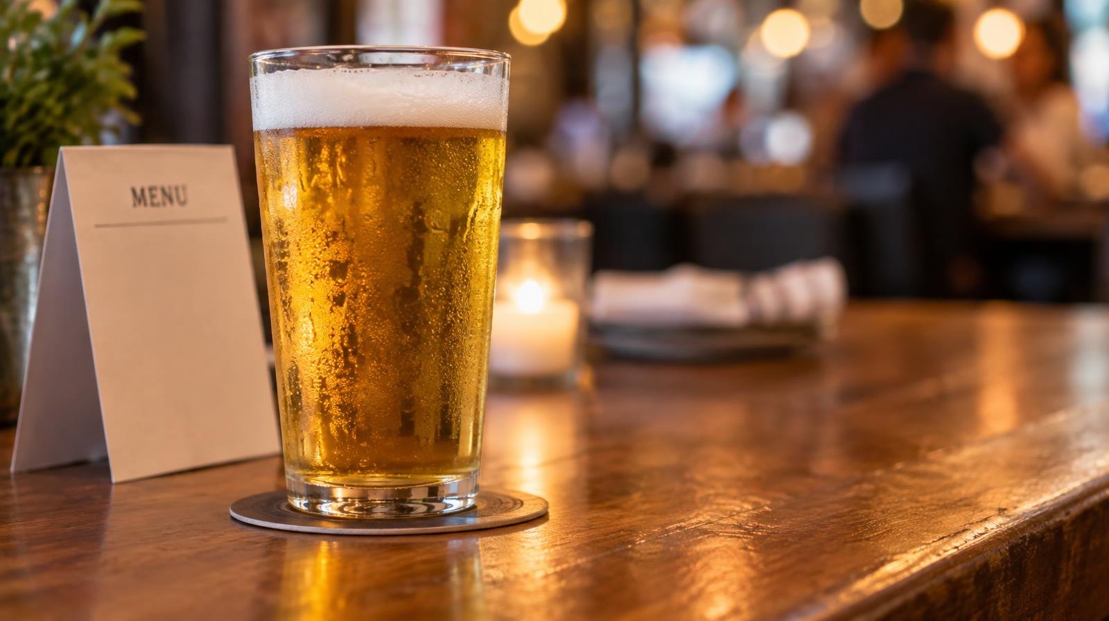 A cold glass of draft beer resting on a wooden bar top.