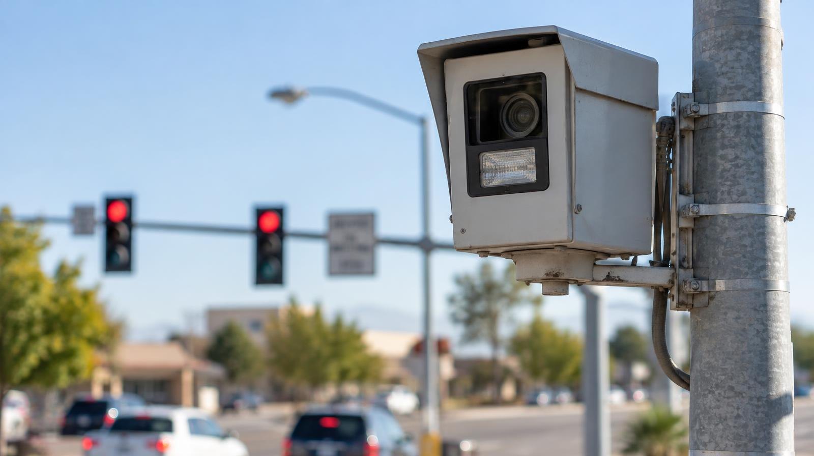Traffic enforcement camera on a metal pole above a road intersection with traffic signals.