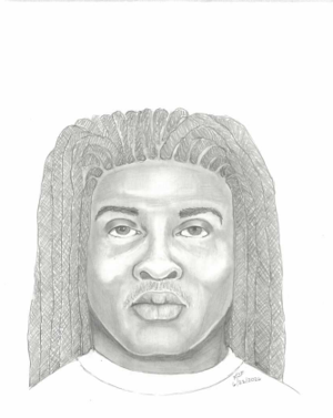 Pencil composite sketch of a man with long dreadlocks wearing a white crew-neck shirt.