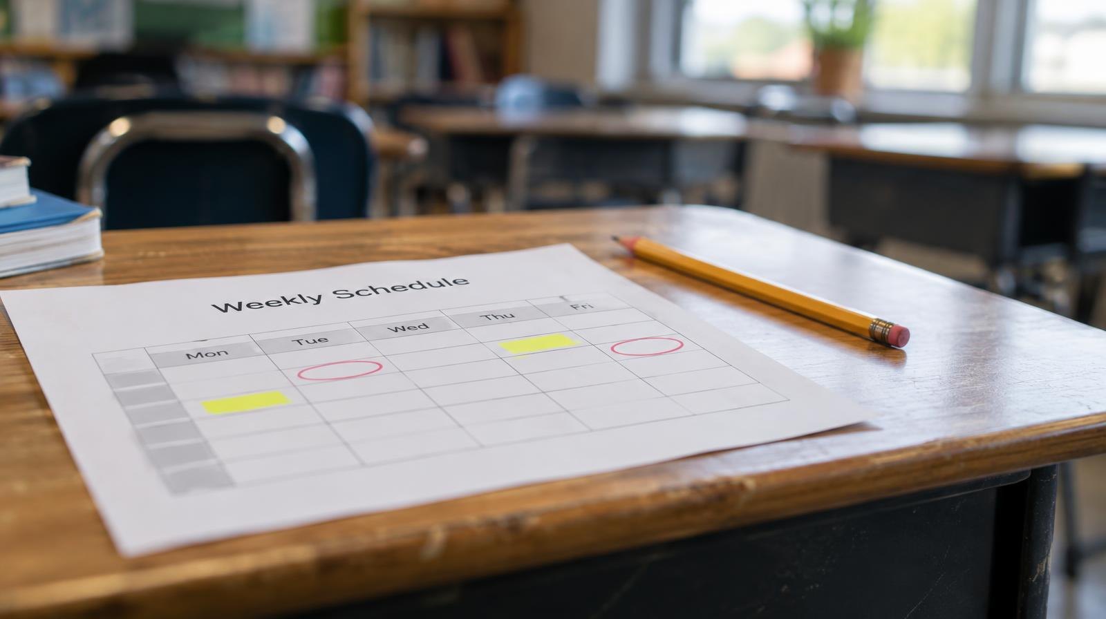 A printed weekly schedule on a desk beside a pencil.