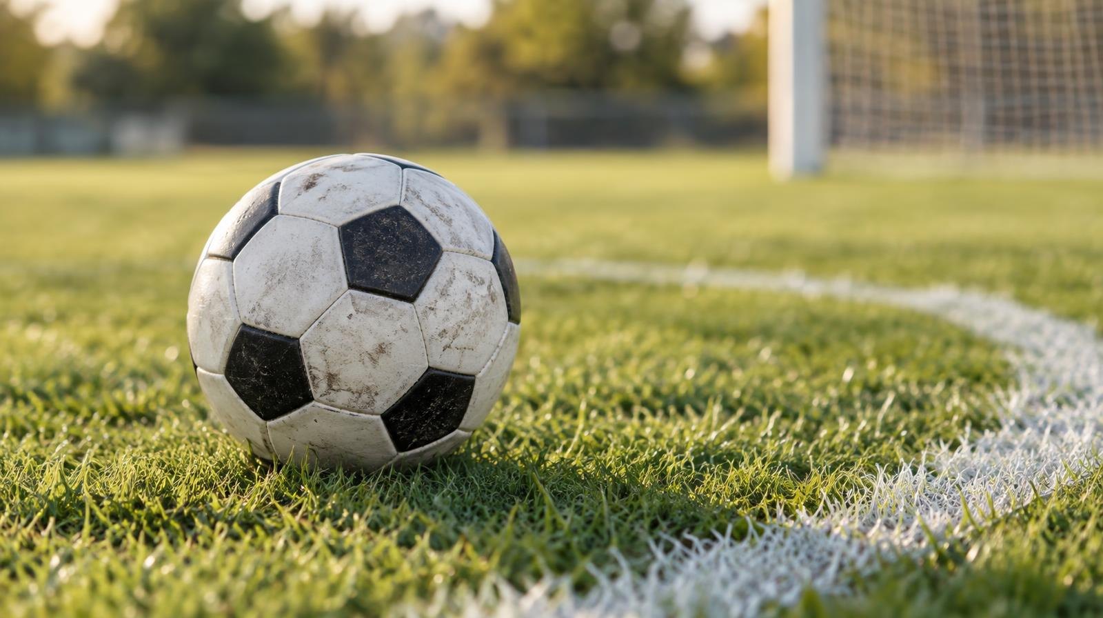 A soccer ball resting on green grass near a white painted penalty arc.