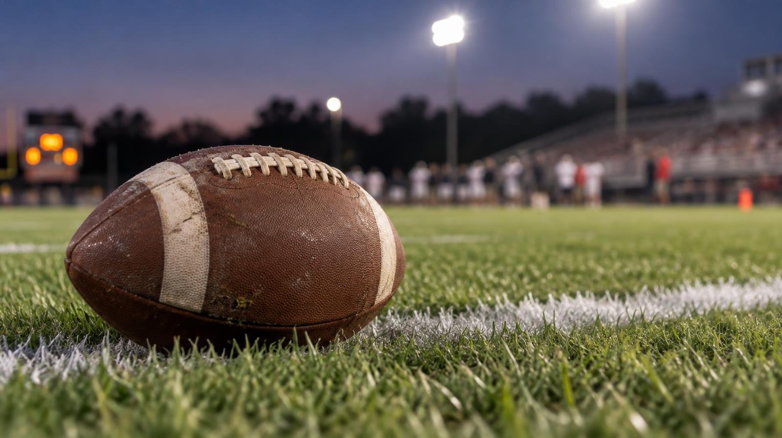 An American football resting on green grass near a white yard line under stadium lights.