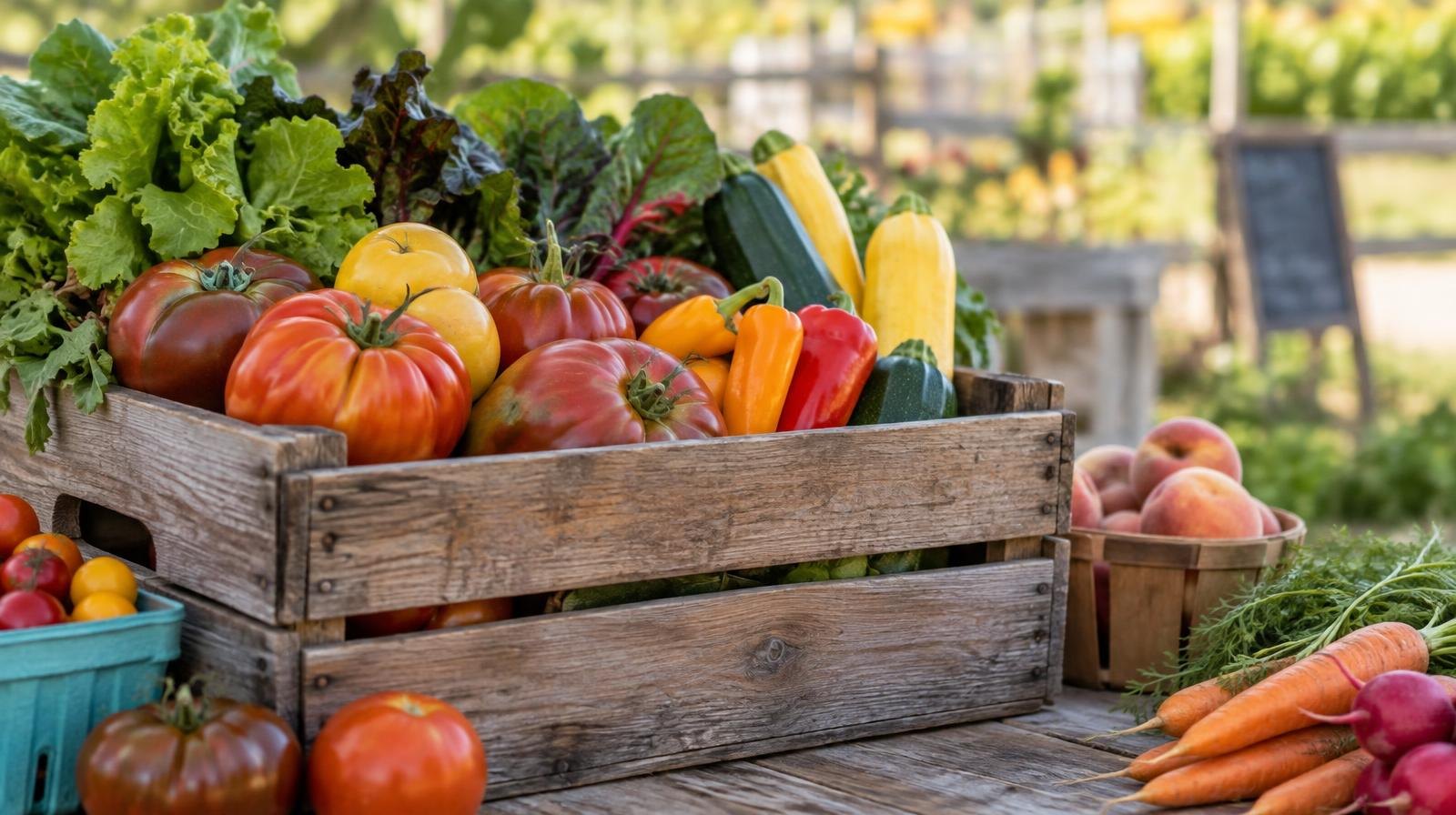 Wooden crate overflowing with colorful heirloom vegetables and fruits on a rustic table.