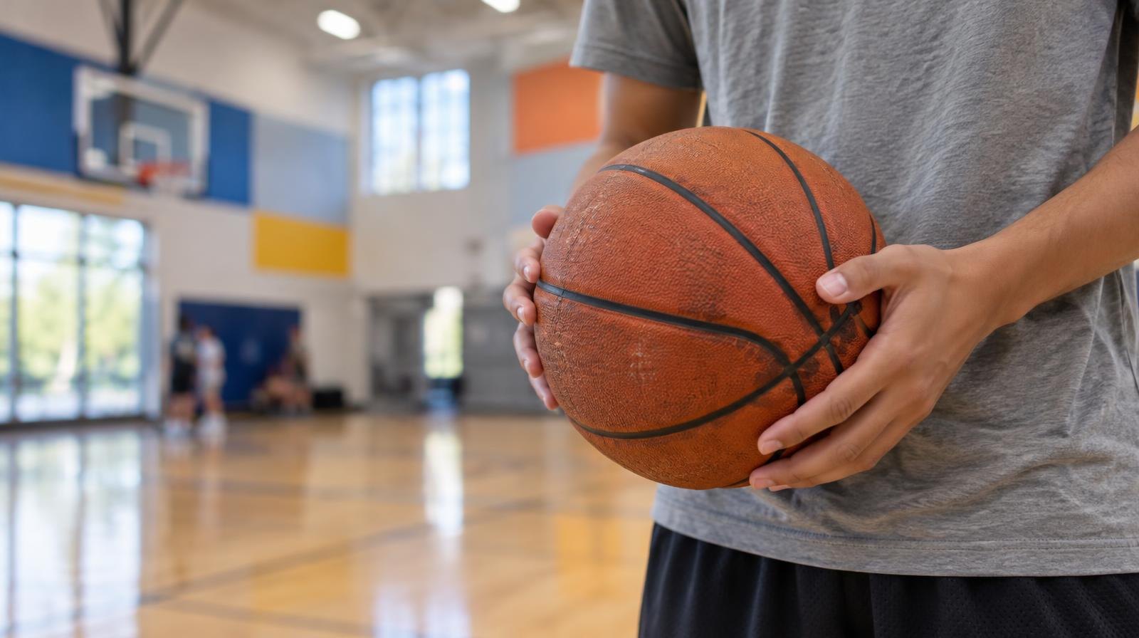 Bright gymnasium interior with polished hardwood floors and basketball hoops.