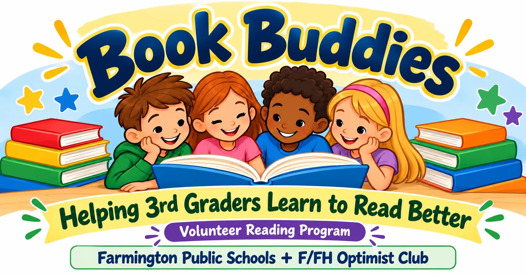 Colorful illustrated graphic showing cartoon children reading a book together with stacks of books.