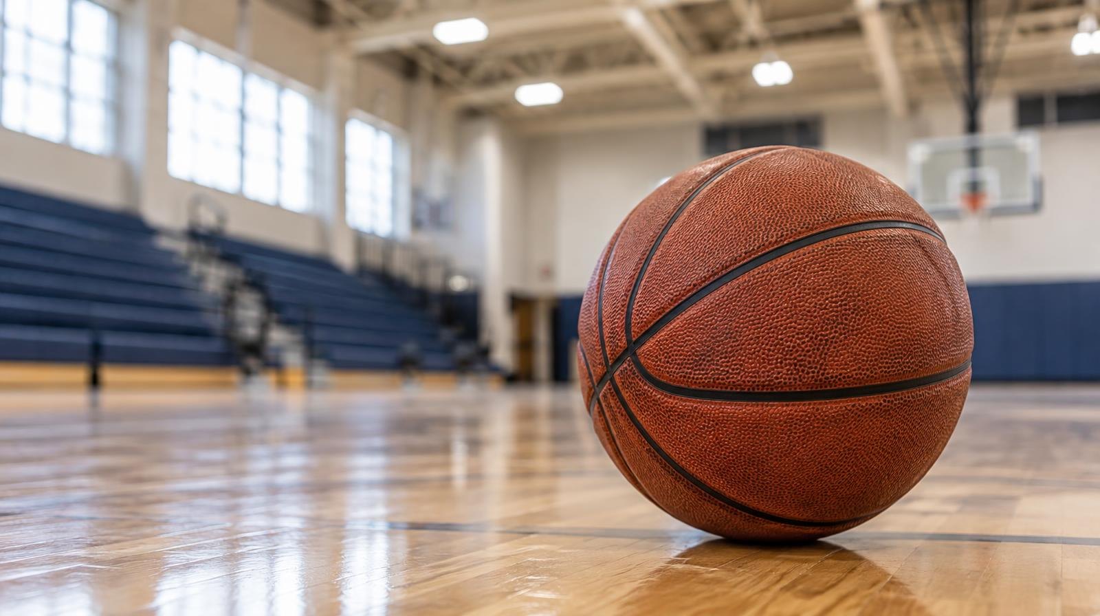 Empty indoor basketball court with hardwood floor and bleachers along the sides.