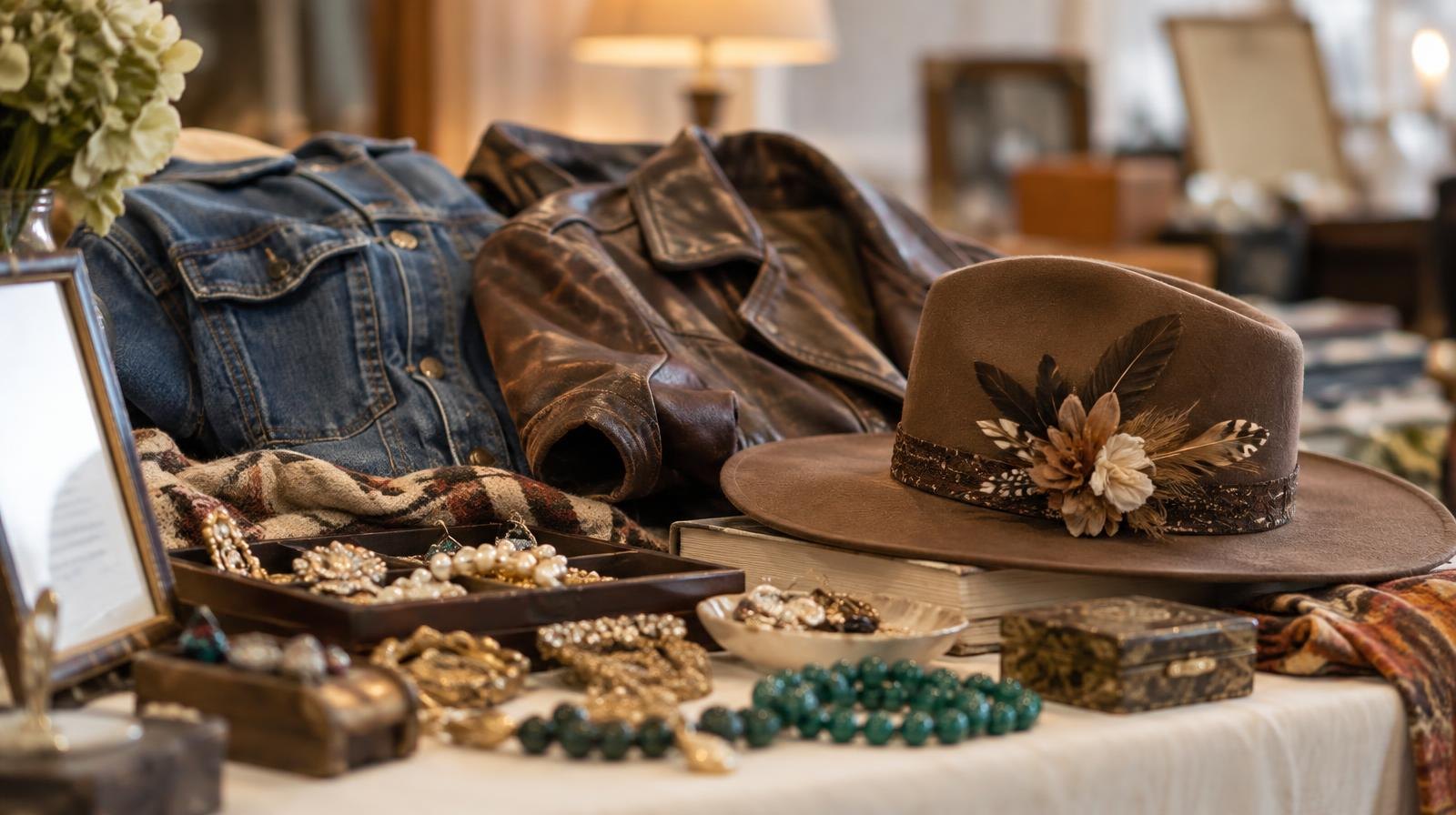 Vintage jacket, denim, costume jewelry and hat arranged on a table.