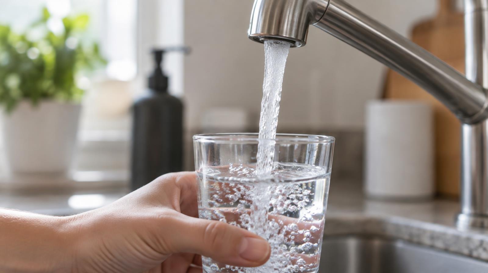 Clear water pouring from a kitchen faucet into a glass.