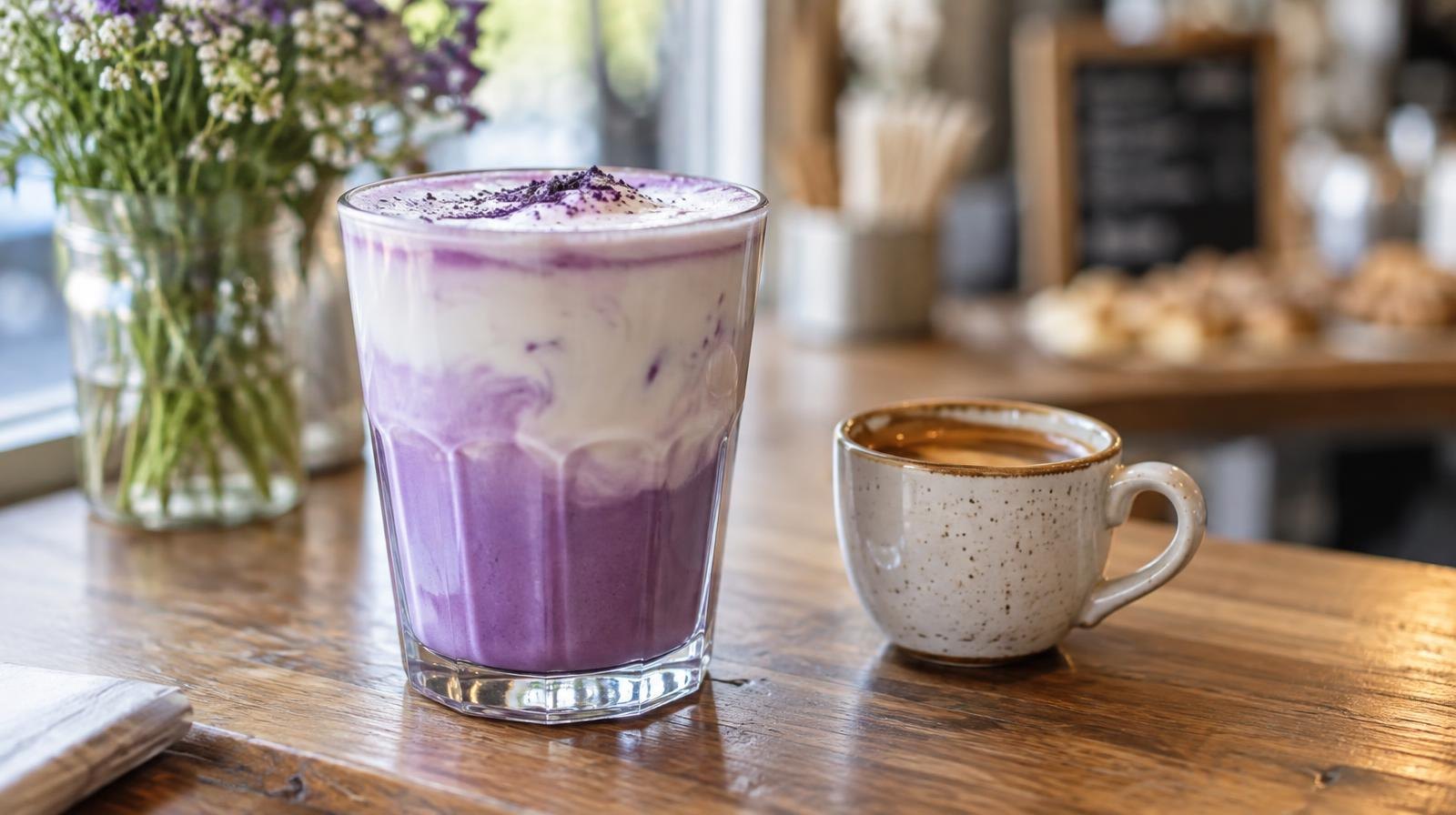 A layered purple and white coffee drink in a clear glass on a wooden counter.