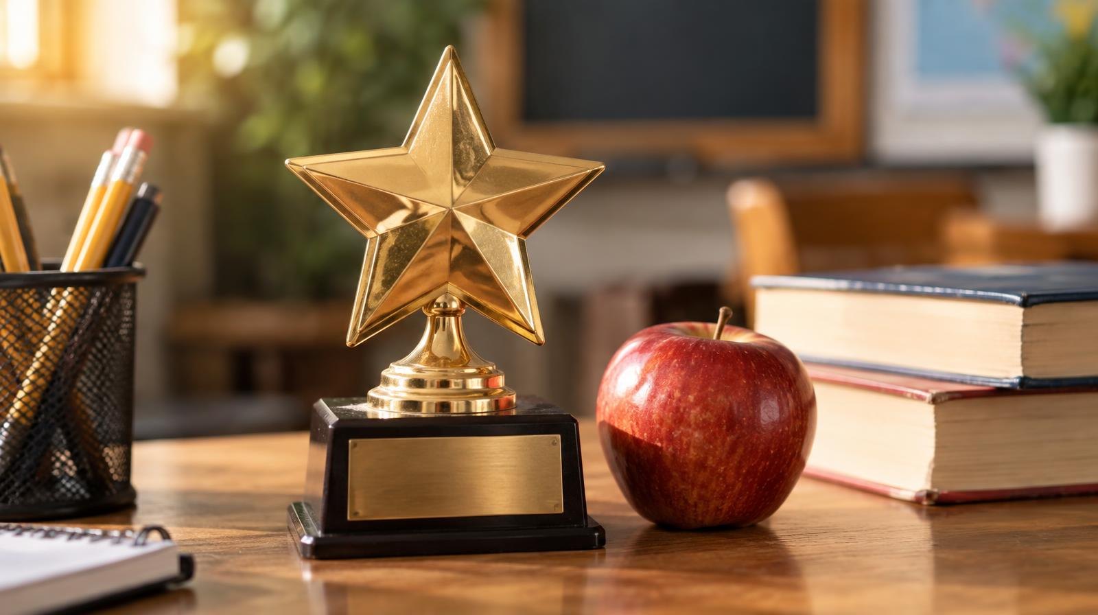 A gold star trophy on a wooden desk next to a red apple and stacked books.