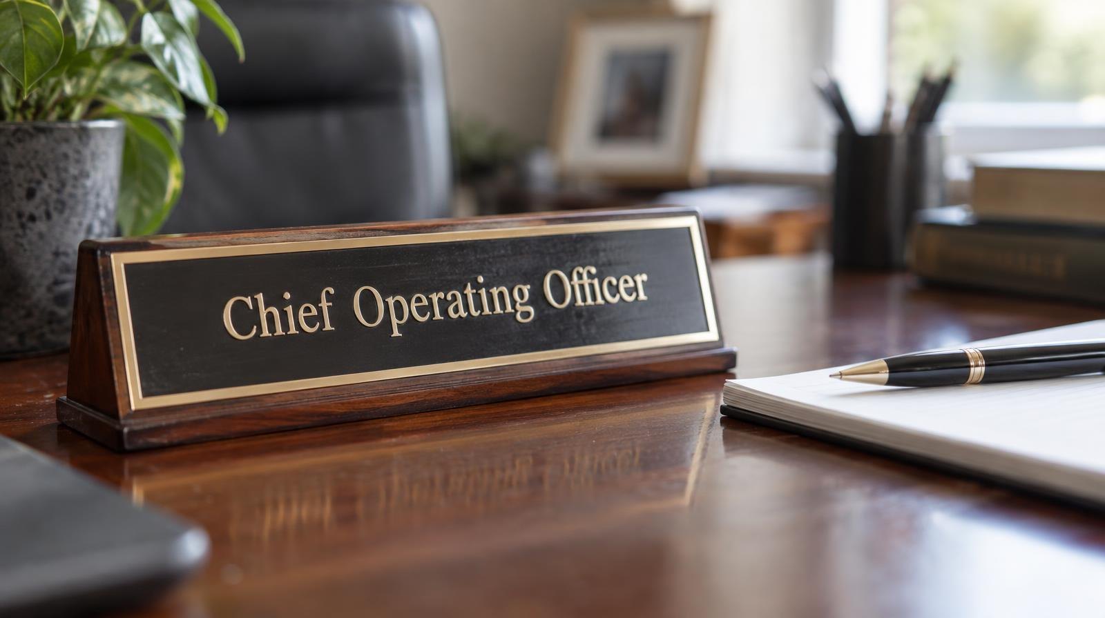 A nameplate on a wooden desk beside a pen and notepad.